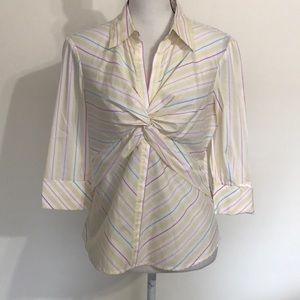 BCBG blouse L stripe NWT fitted collar cuff 3/4slv